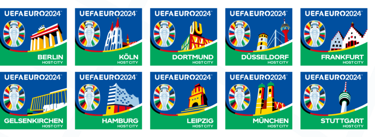 Übersicht mit den Logos der zehn Gastgeber-Städte bei der Fußball-EM UEFA EURO 2024