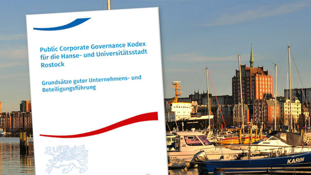 Panoramabild der Stadt Rostock (Ausschnitt), darüber gelegt Cover des Public Corporate Governance Kodex der Stadt Rostock