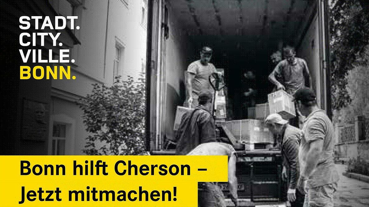 Ein Infobild des Projekts ""Bonn hilft Cherson" mit der Aufschrift "Bonn hilft Cherson - Jetzt mitmachen!"