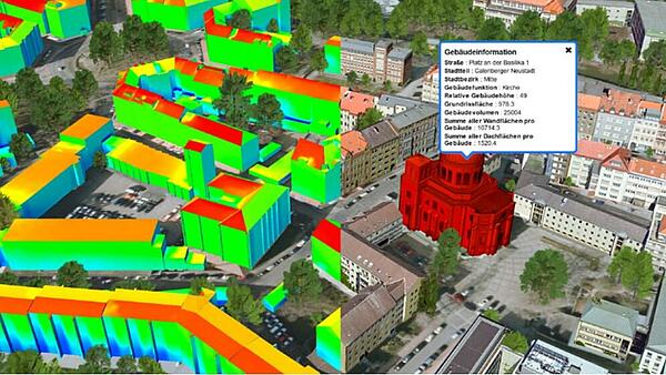 Simulation der Solaren Einstrahlung (Dächer + vertikale Wände)  im Digitalen Zwilling unter Berücksichtigung des flächenhaften  modellierten Baumbestandes in Hannover